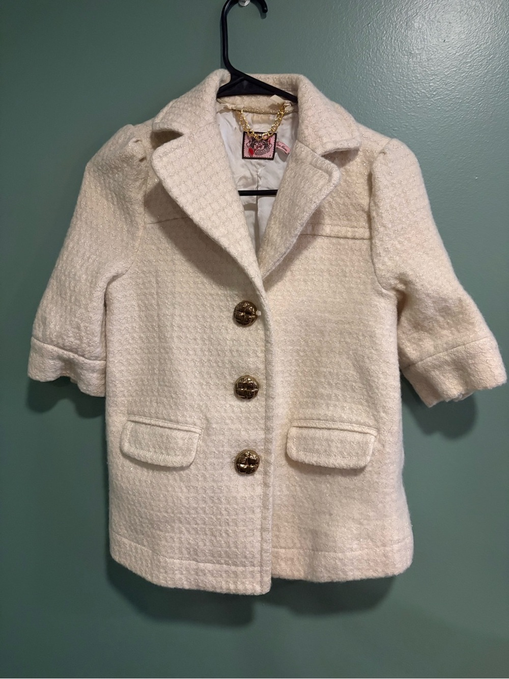Juicy Couture Cream Bouclé Short Sleeve Blazer with Gold Buttons